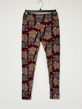 LuLaRoe OS One Size Burgundy Leggings with Mosaic Owl - Fox/Cat Print Whimsical